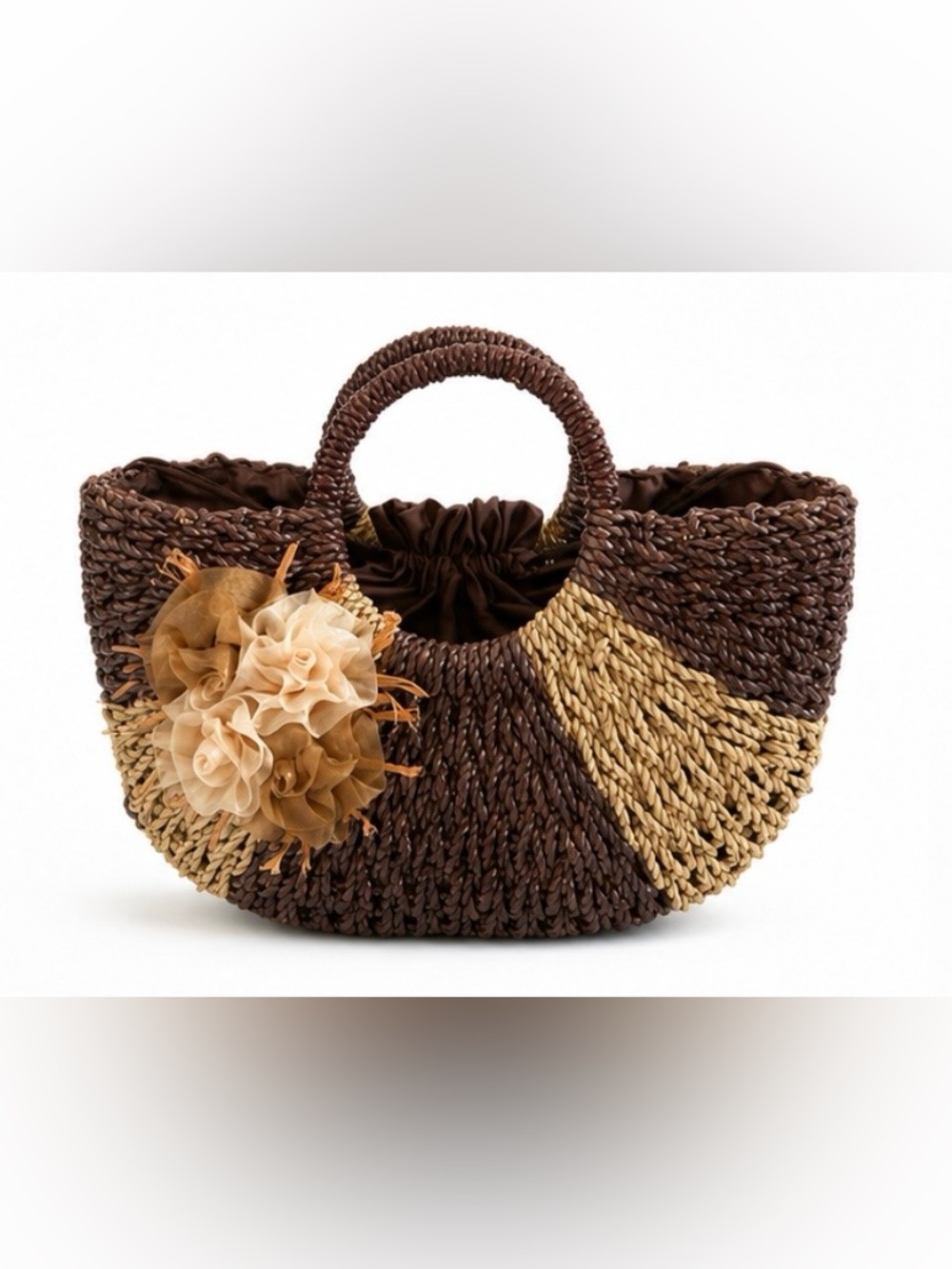Boho Woven Straw Tote Bag Brown Tan Floral Detail/Interior Drawstring Lining
